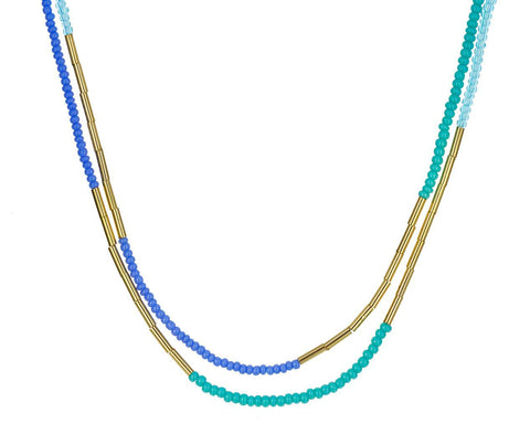 Turquoise Seed Bead Mix Necklace zoom 1_debbie_fisher_blue_gold_beaded_necklace