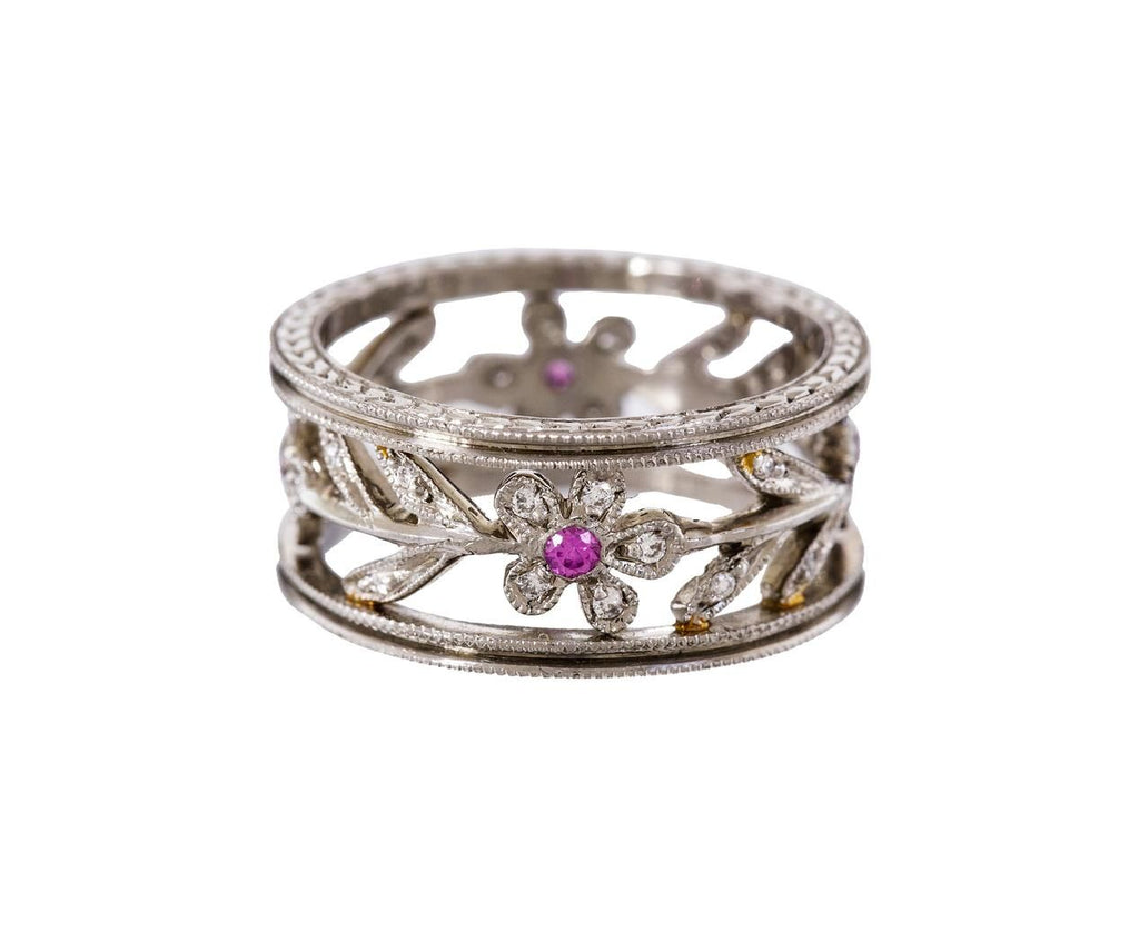Platinum Diamond Sapphire Flower Vine Milgrain Band zoom 1_cathy_waterman_platinum_diamond_flower_vine_ring