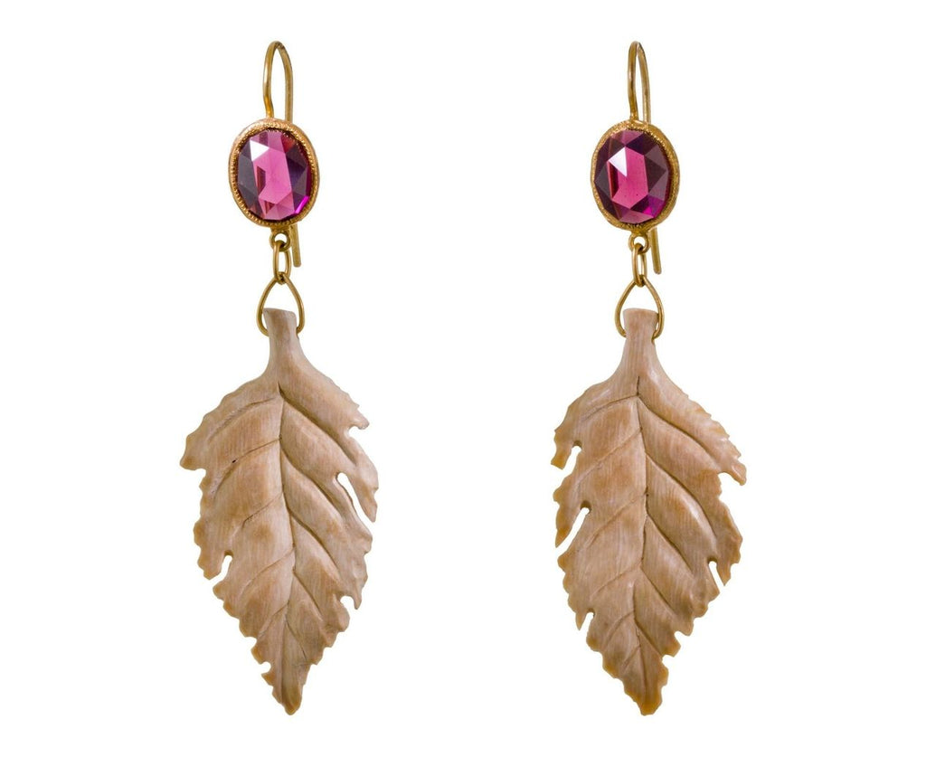 Garnet and Fossilized Mammoth Ivory Leaf Earrings zoom 1