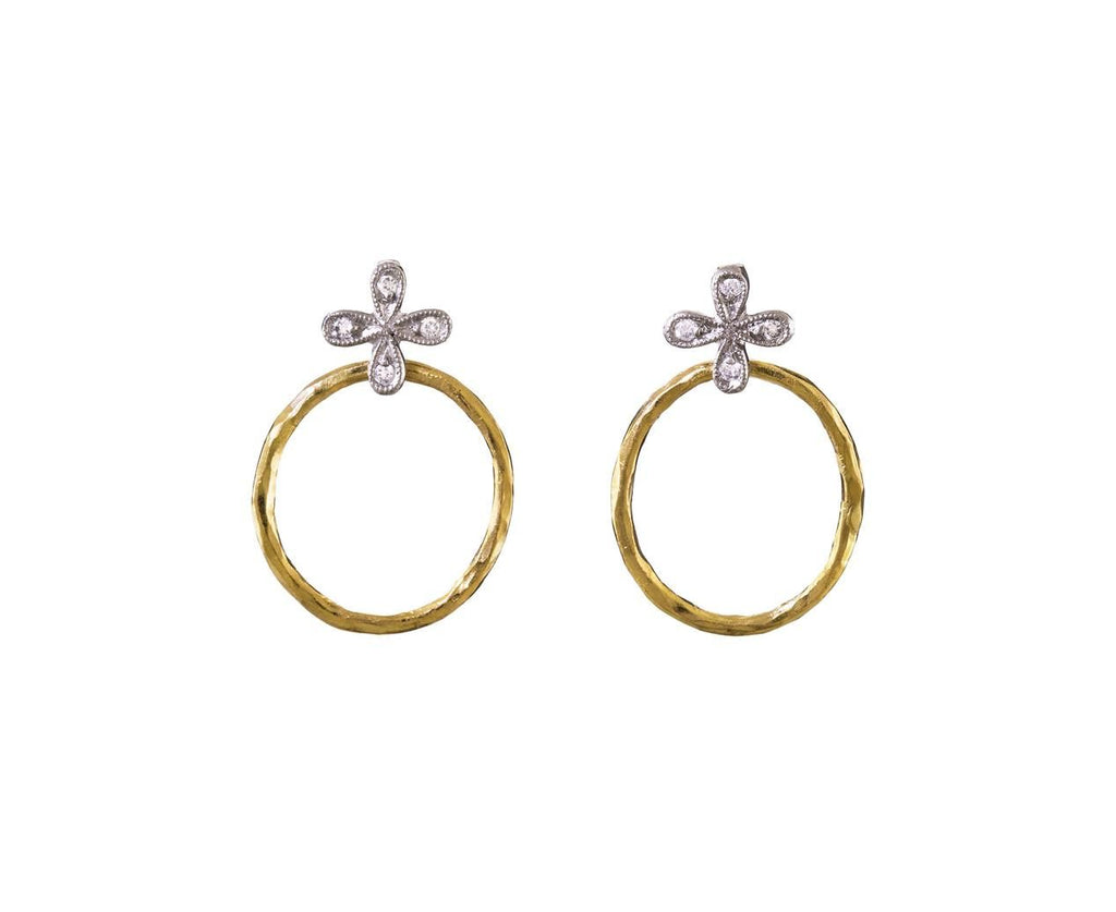 Diamond Flower and Hammered Link Earrings zoom 1_cathy_waterman_gold_platinum_diamond_flower_hamm