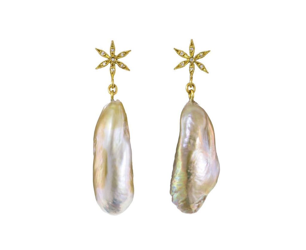 Pearl and Diamond Star Post Dangle Earrings zoom 1_cathy_waterman_gold_diamond_pearlstar_flower_ear