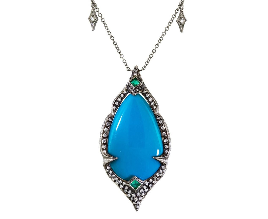 Turquoise and Diamond Arabesque Pendant on Diamond Fringe Chain zoom 1_cathy_waterman_platinum_turquoise_diamond_arabes